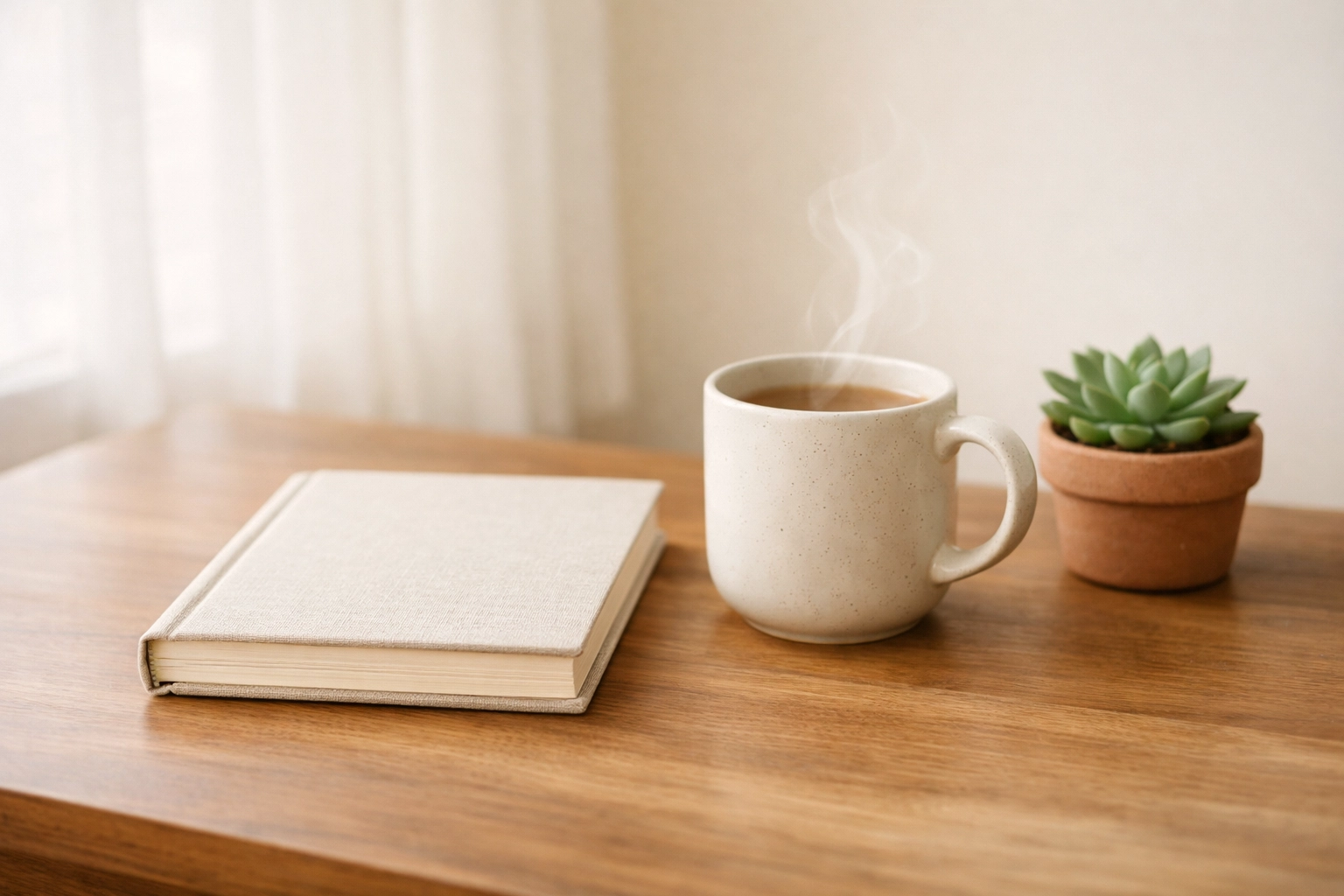 Minimalist desk with a journal and coffee, symbolizing a structured morning routine for recovery.