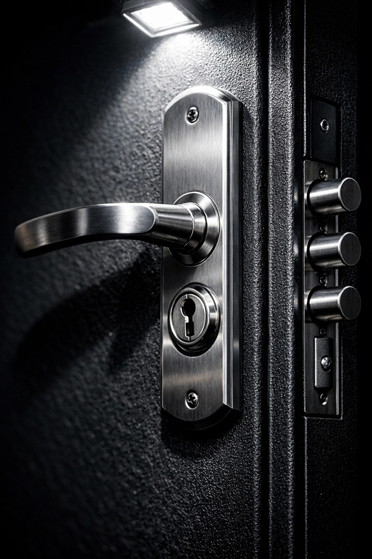 Close-up of a high-security multi-point lock on a robust steel security door with motion lighting.