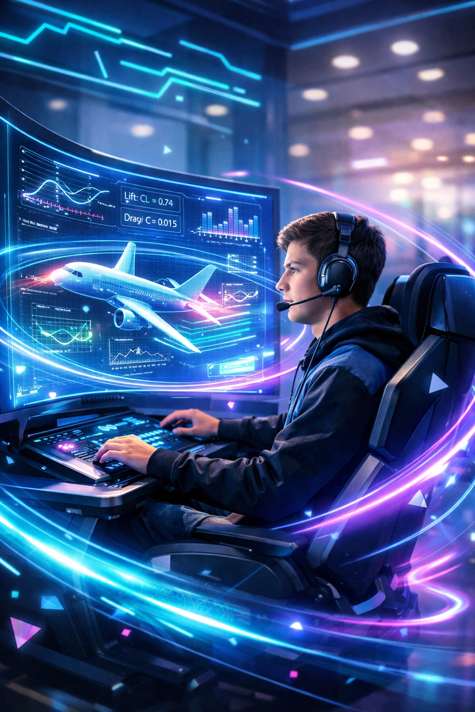 High school student using a high-tech career simulation station for professional skill development.