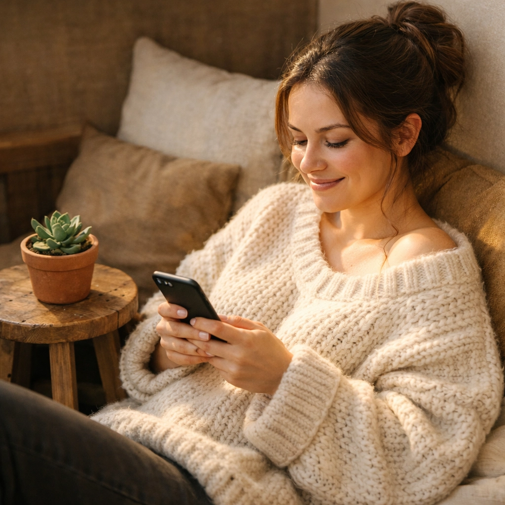 A woman smiling at her phone in a cozy nook, managing a catalog to sell digital products online without hustle.