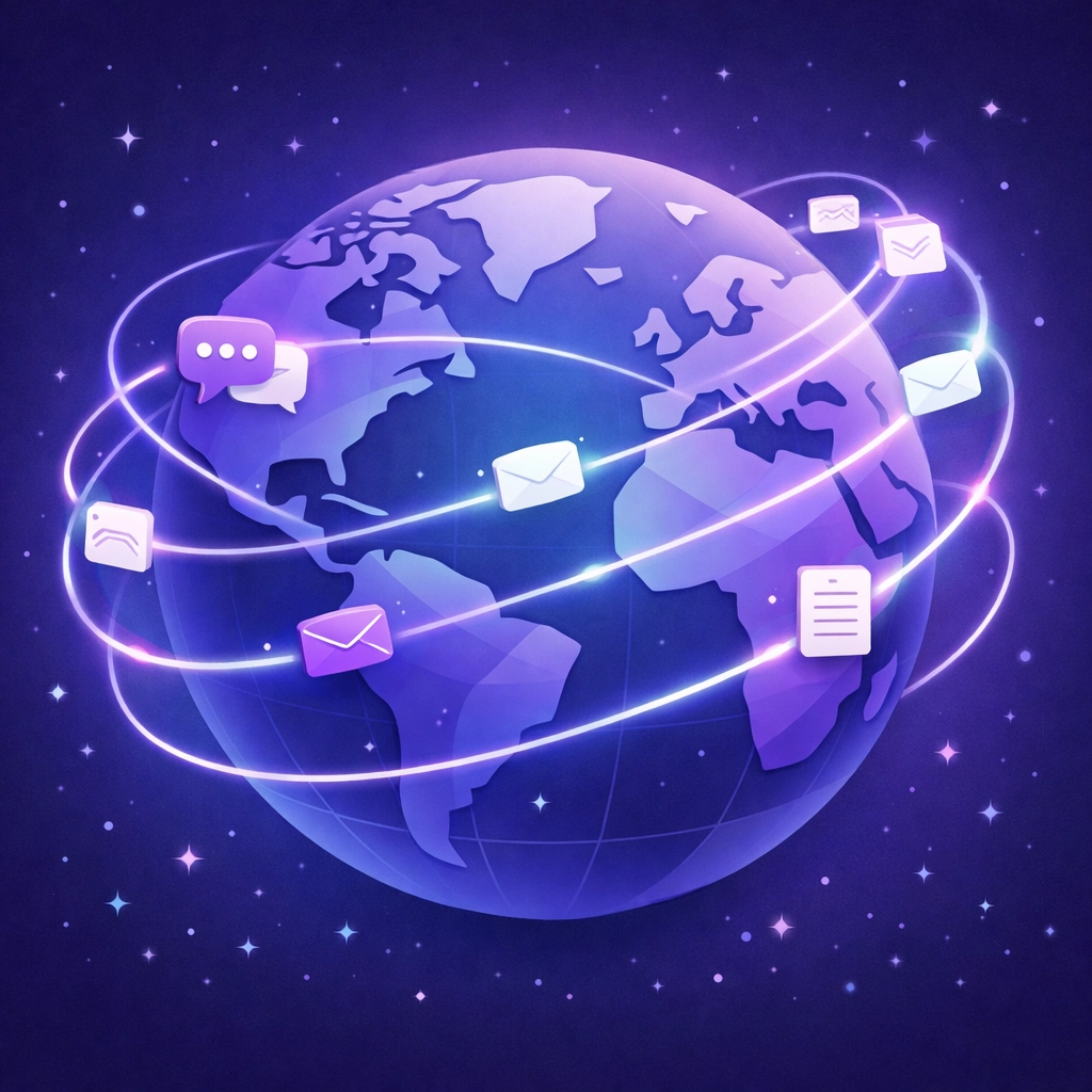 Global business communication network connecting worldwide with messaging channels