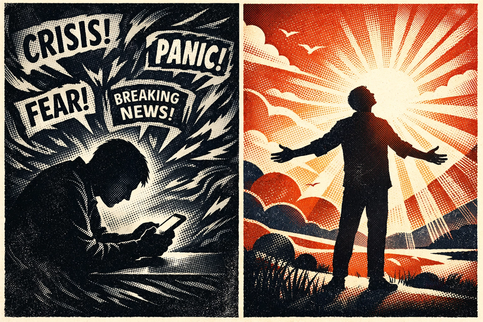 Contrast between anxious news scrolling in darkness and peaceful morning clarity in light