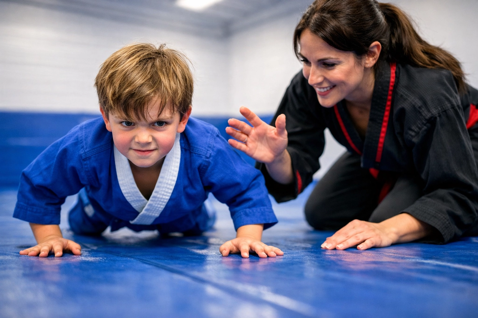 A child building resilience by getting back up during a Huddersfield martial arts training session.