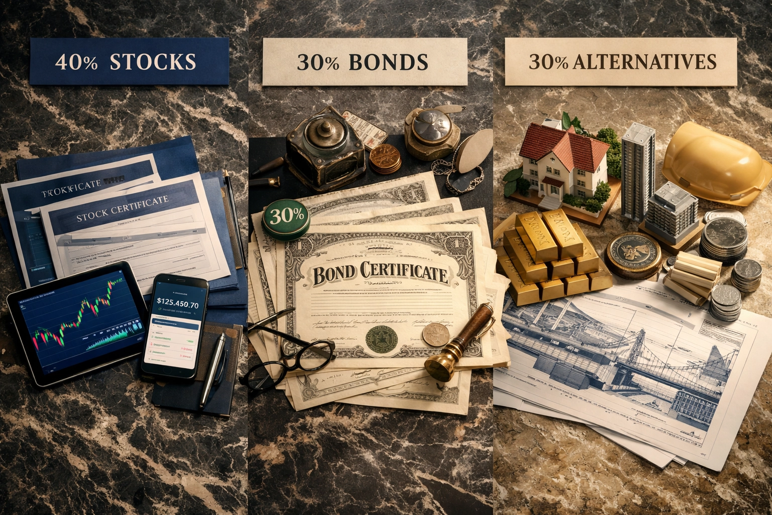 40/30/30 portfolio allocation showing equities, bonds, and alternative investments distribution
