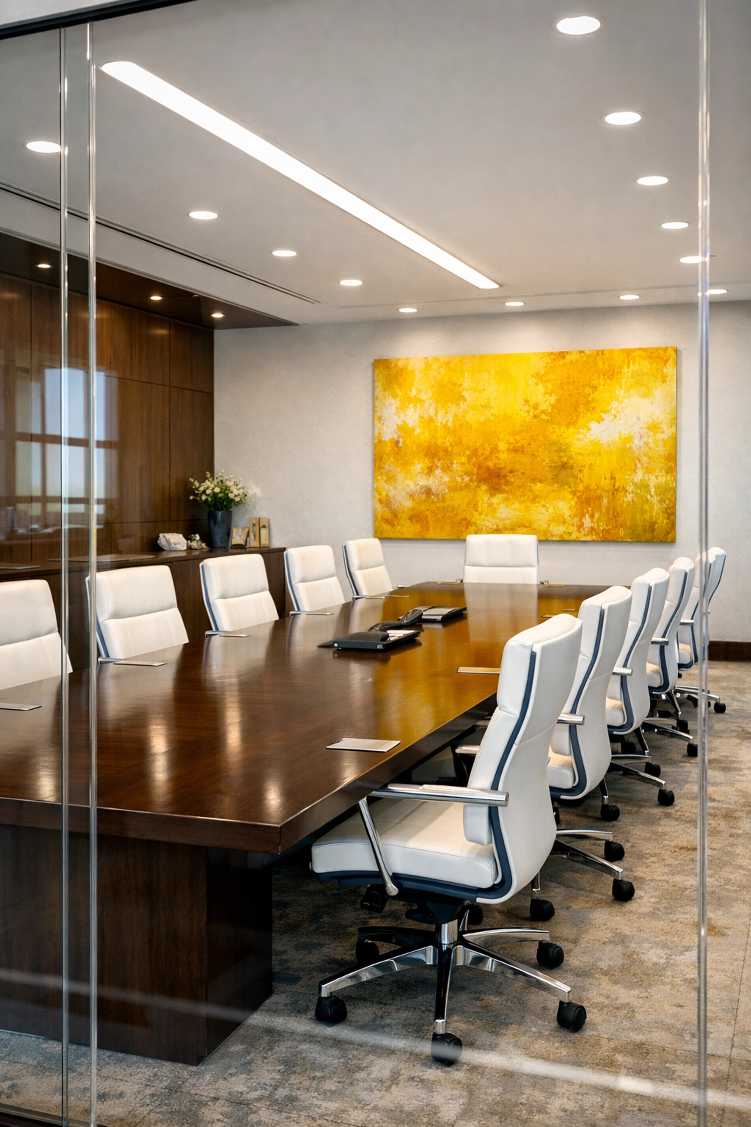Spotless glass partition in a Leominster corporate conference room showing deep cleaning results.