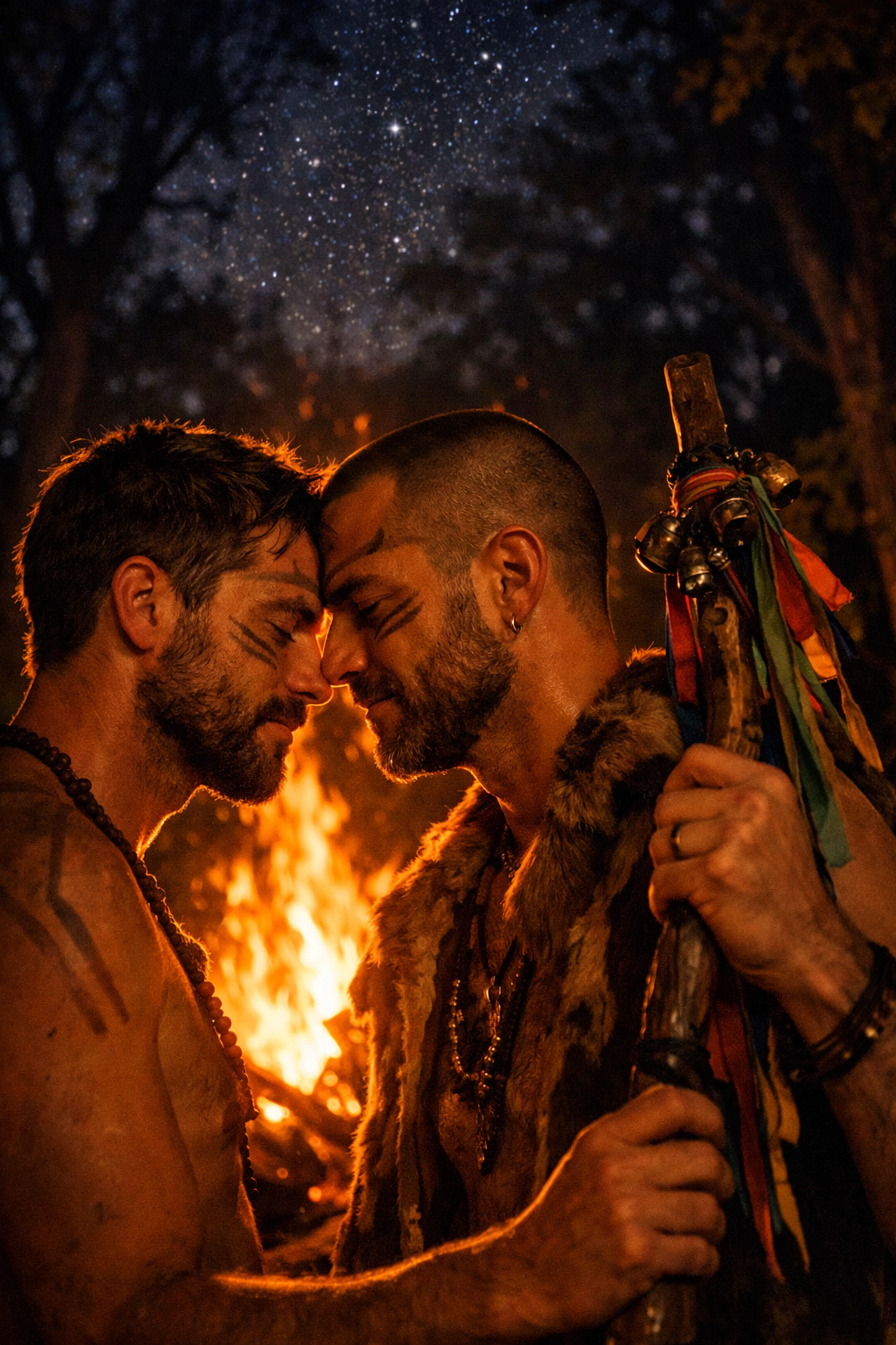 Two gay men performing a spiritual ritual by a bonfire under the stars in a deep forest.