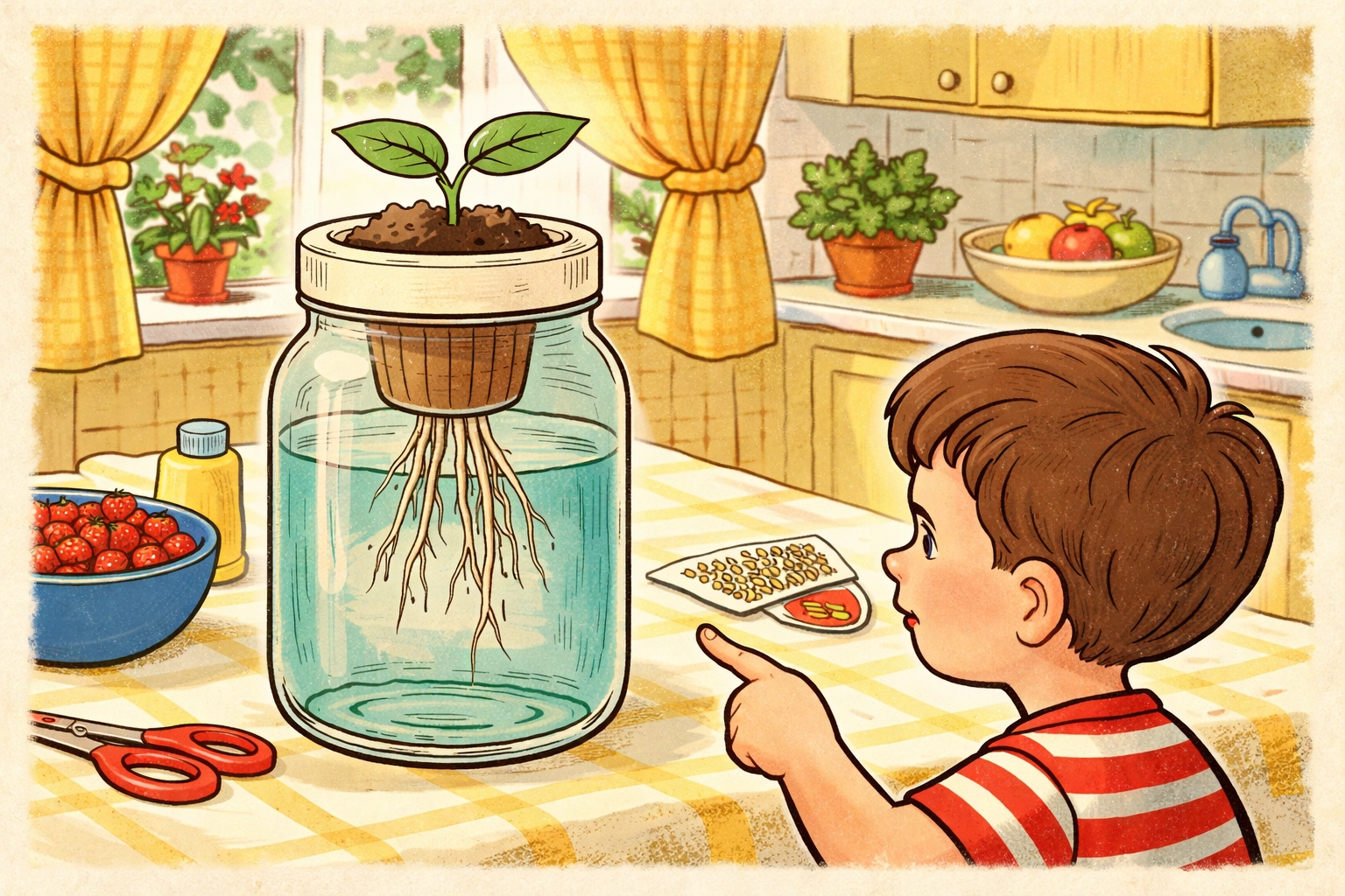Child examines a mason jar hydroponic plant at a kitchen table, learning about soil-free gardening for kids