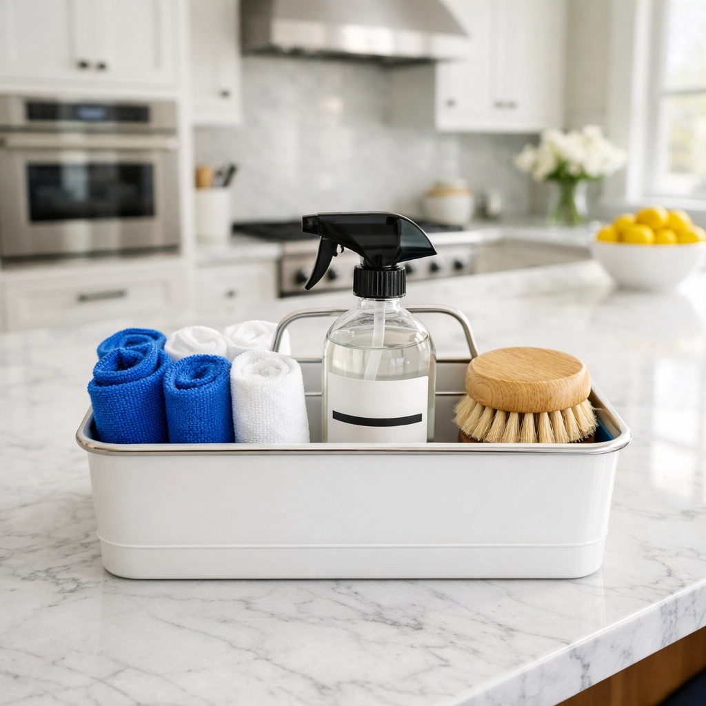 Organized cleaning caddy with supplies for Spring Cleaning in Massachusetts kitchen area.