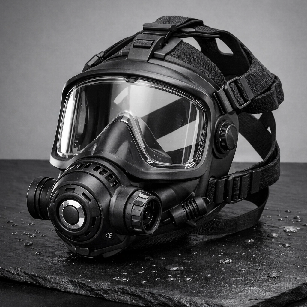Moderne Vollgesichtsmaske für Sporttaucher mit integriertem Atemregler und 5-Punkt-Kopfbandsystem.