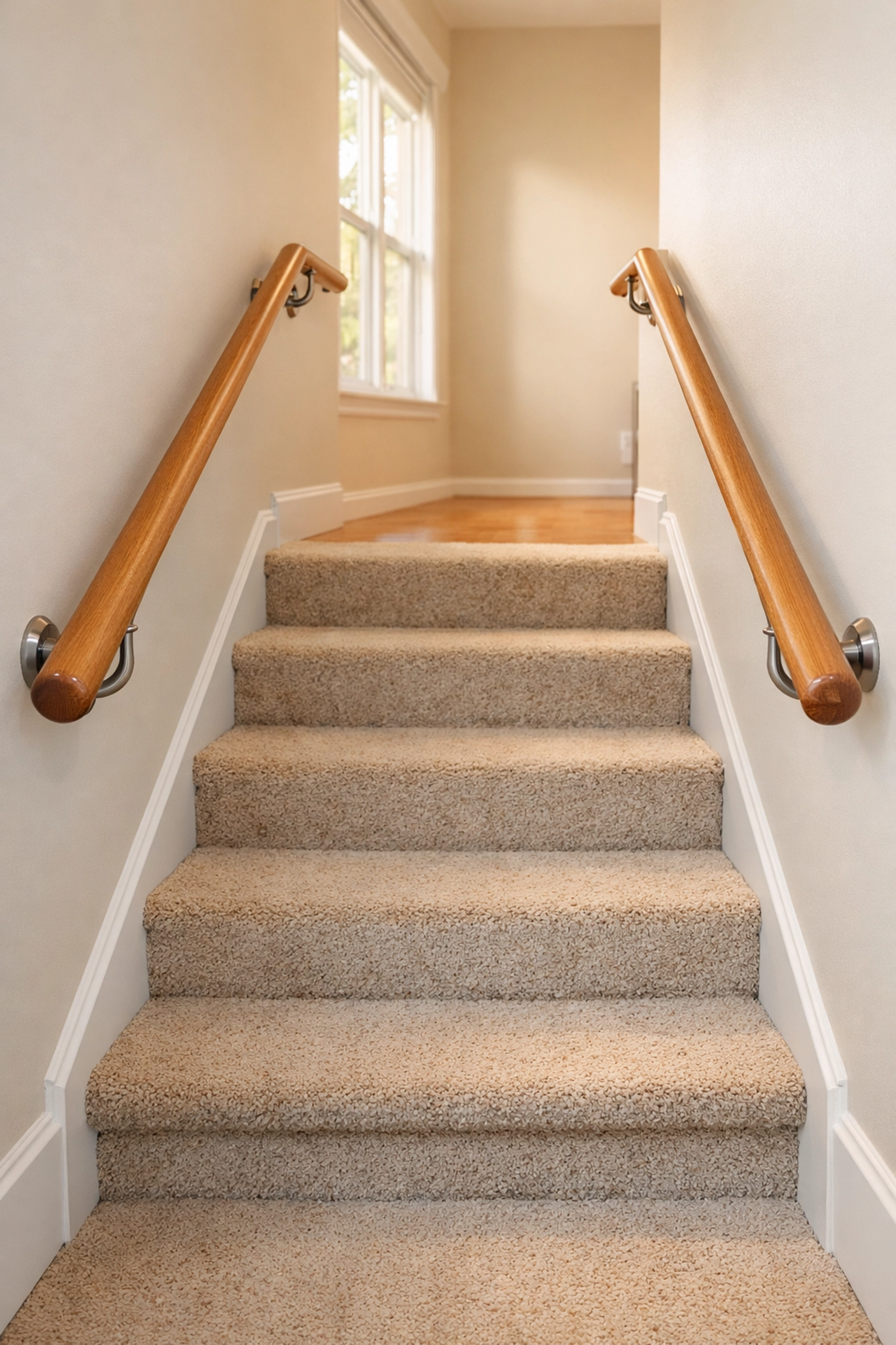 Indoor staircase with sturdy wooden handrails installed on both sides for improved balance and safety.