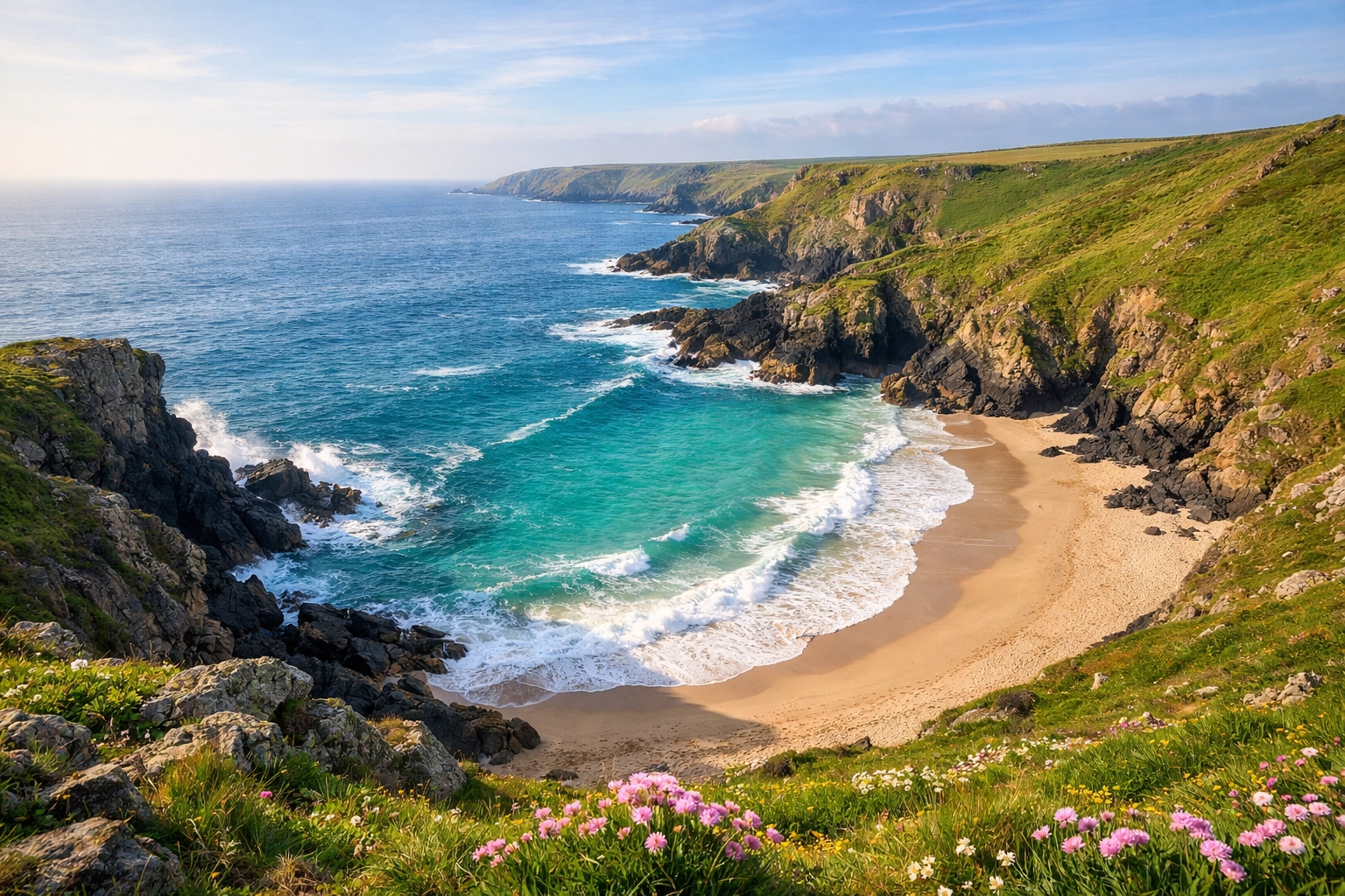 Clifftop view of Polurrian Cove's turquoise waters, a wild and beautiful setting for scattering ashes in Cornwall.