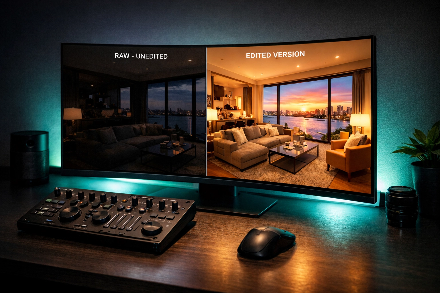 Split-screen monitor showing real estate photo editing results from photography tutorials.