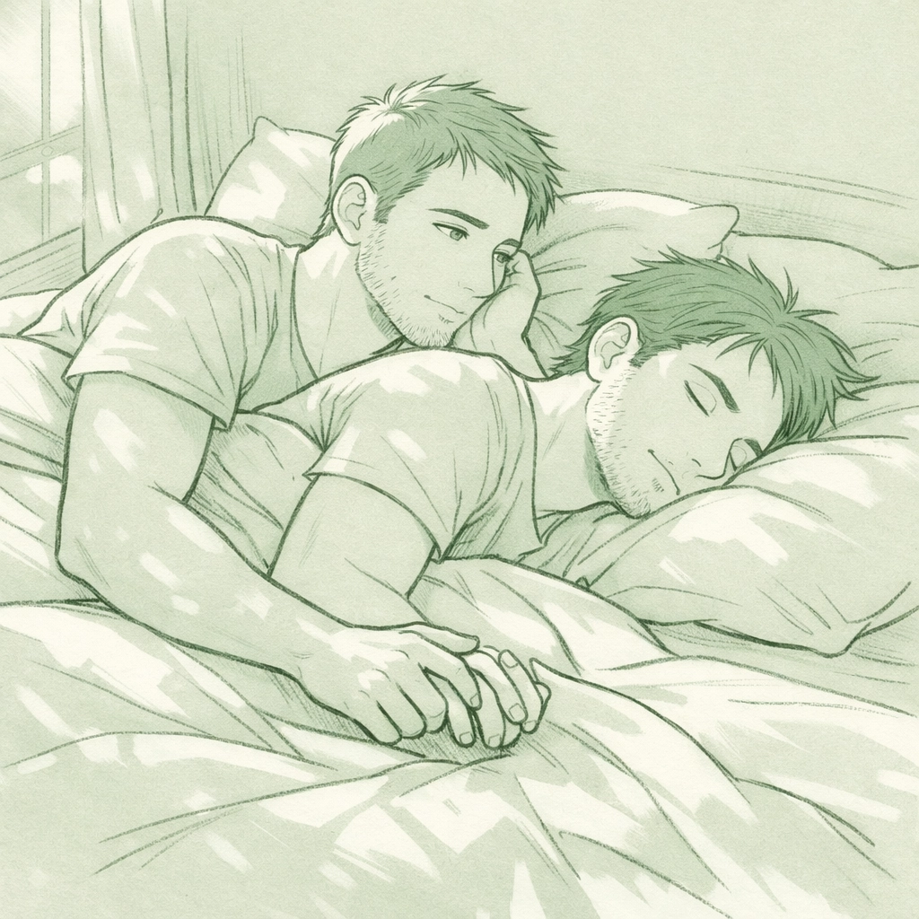 Two men in bed together sharing intimate morning moment in MM romance relationship