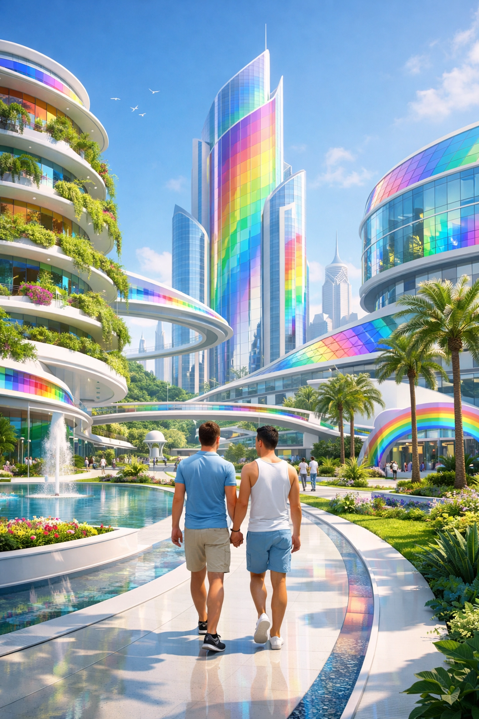 A gay couple walking through a futuristic city, visualizing a hopeful and inclusive queer future.