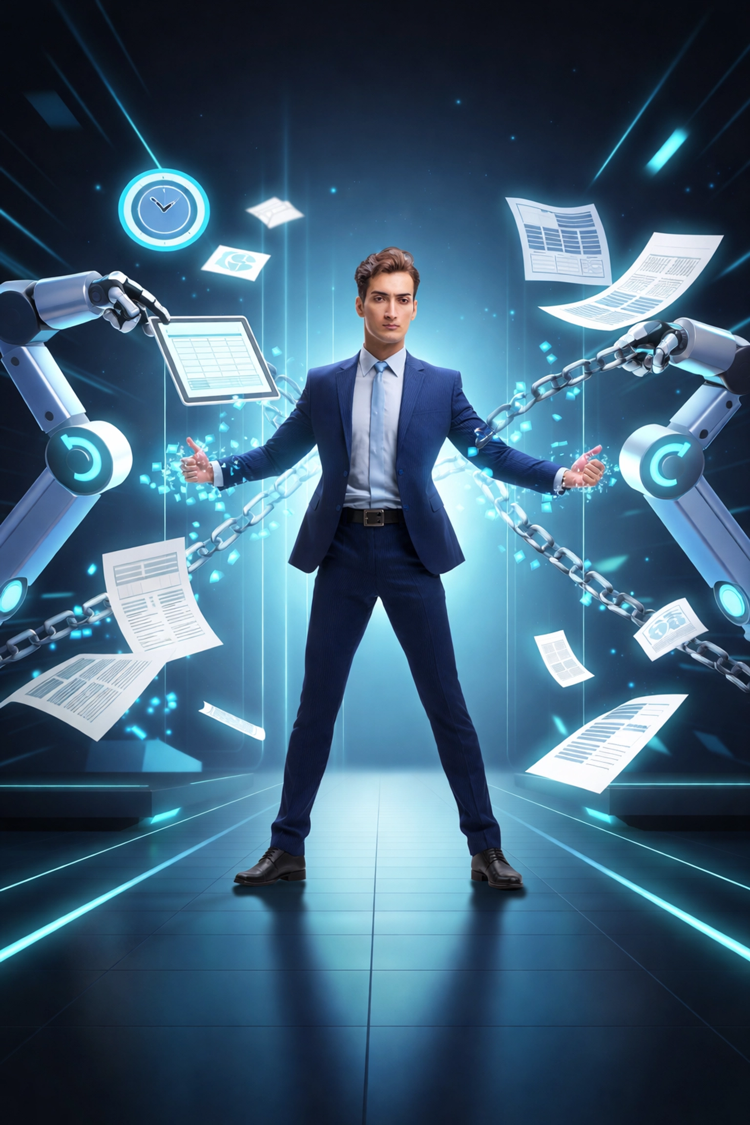 Small business owner freed from paperwork by automation with digital tools and robotic arms, symbolizing business process efficiency