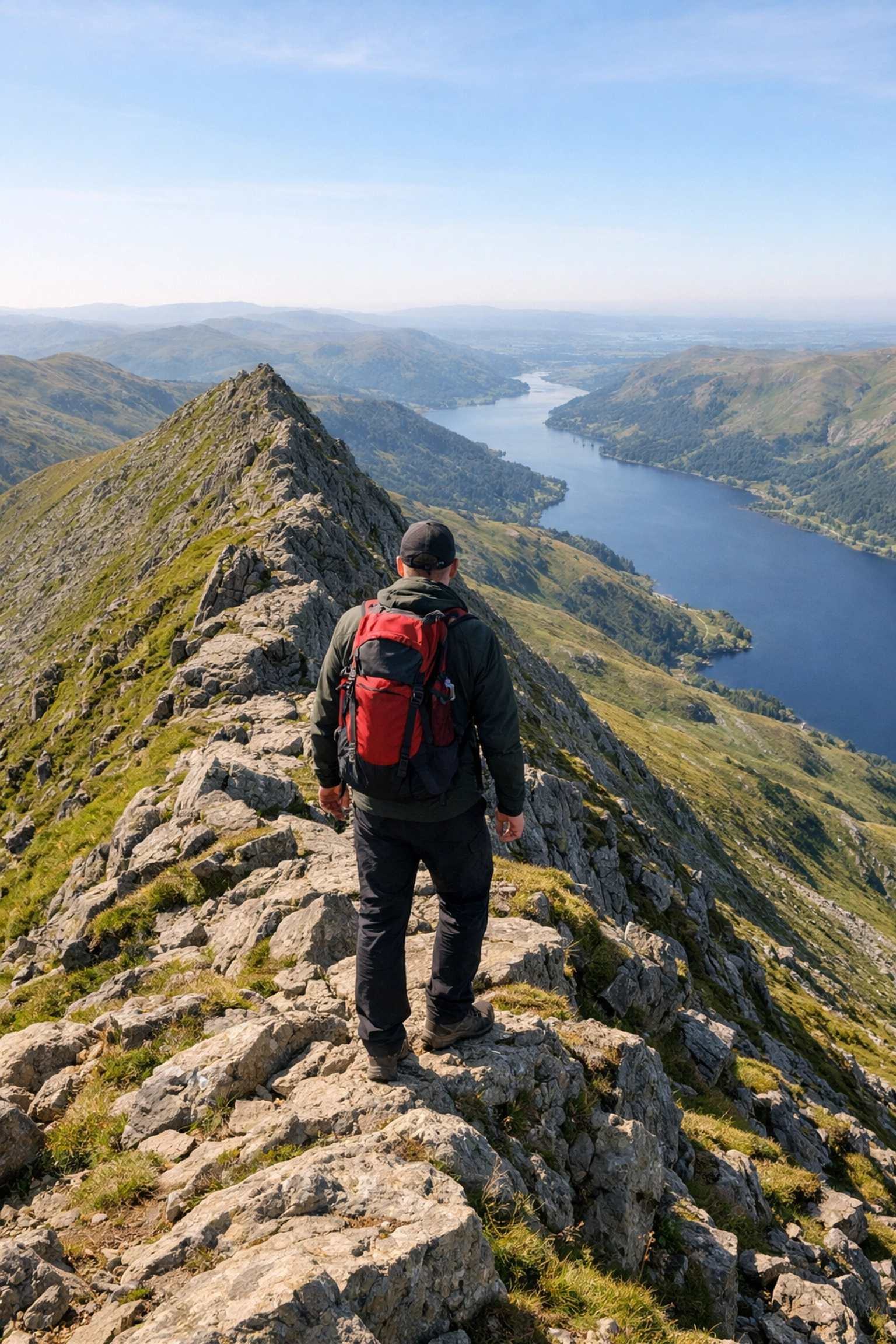A hiker overlooks fells and Ullswater from Striding Edge, a top spot for guided walks in the Lake District.