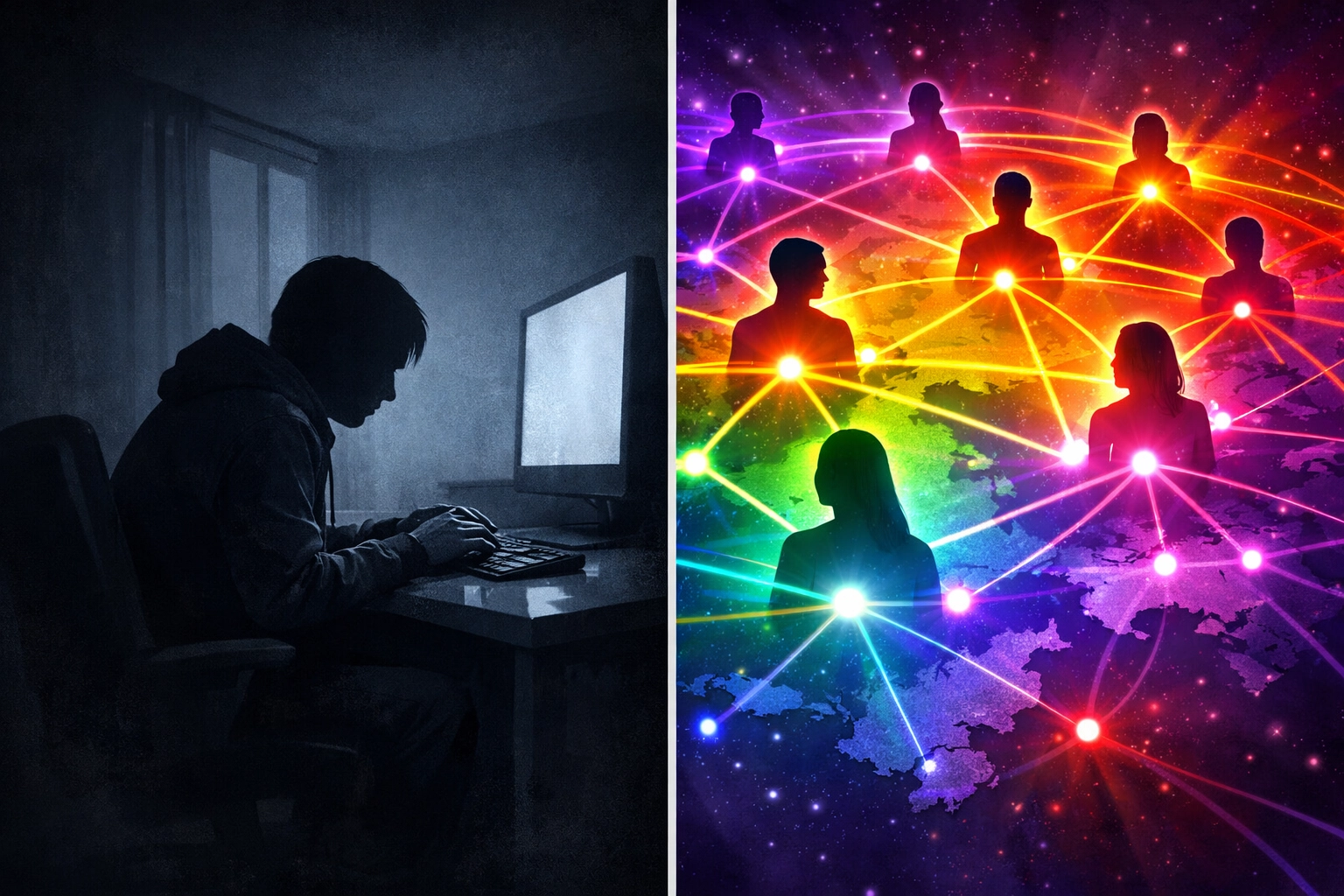 Split view: lonely figure transforms into rainbow network of LGBTQ+ digital connections