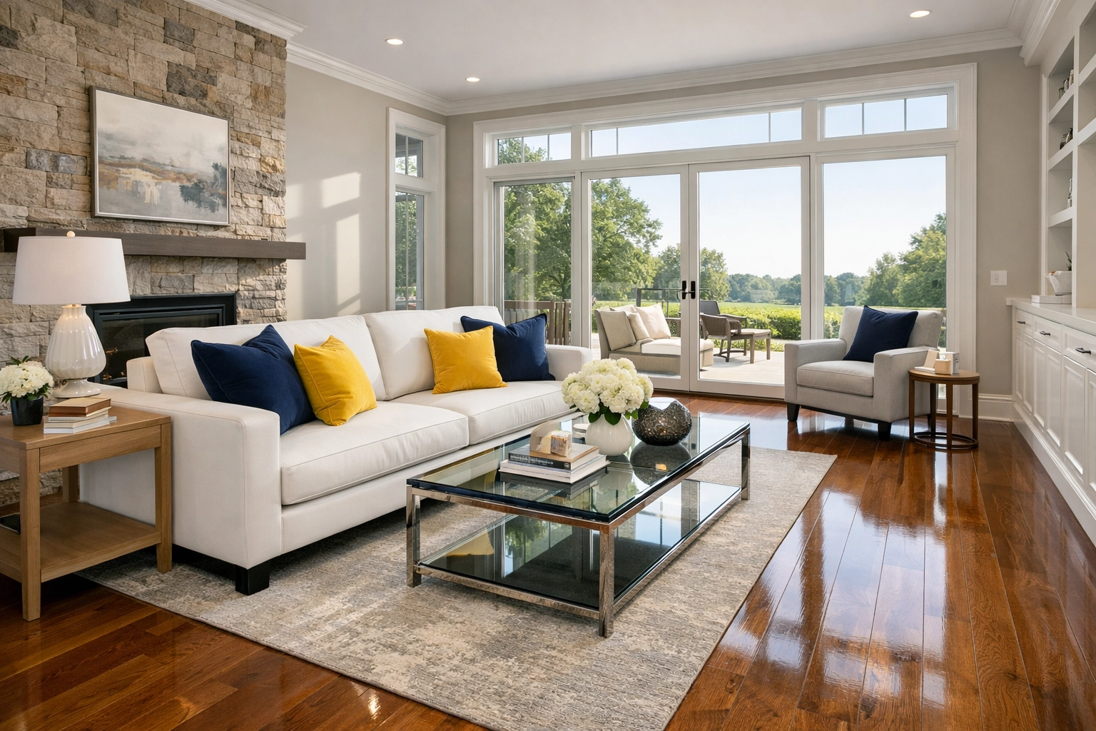 Spotless modern living room with polished hardwood floors after professional house cleaning in Shrewsbury MA.