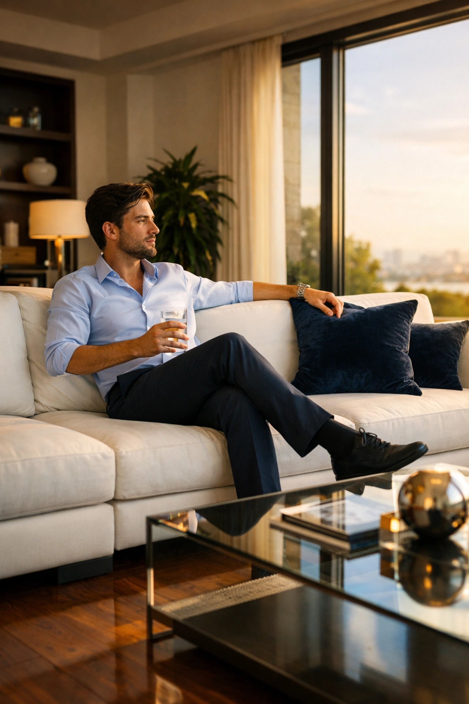 A professional relaxing in a spotless living room after a weekly house cleaning service.