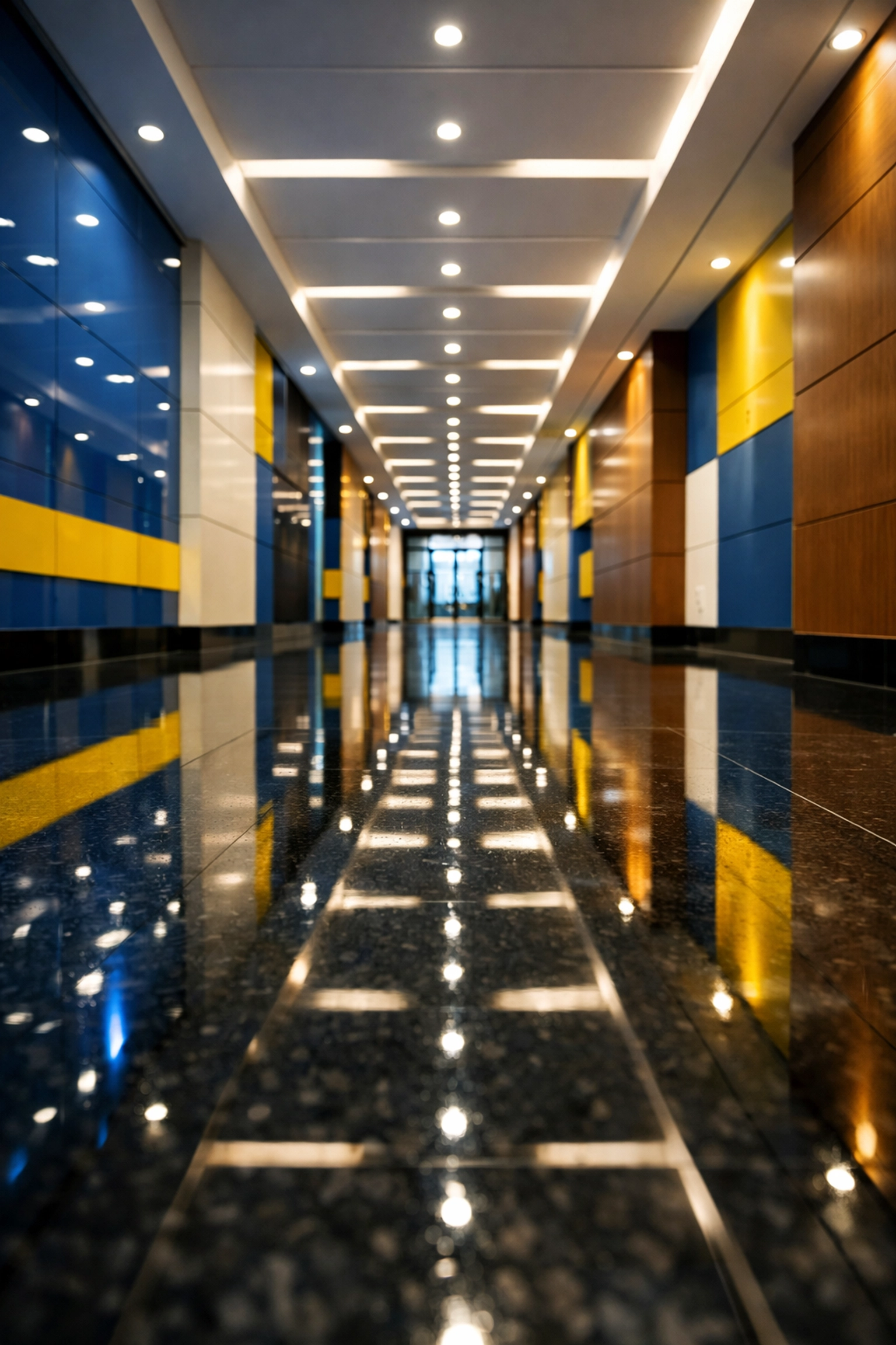 Polished commercial corridor in a Carlisle business complex showing high-standard recurring office cleaning.