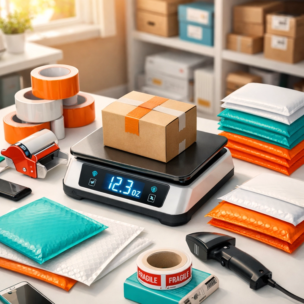 Organized reseller home shipping station with a digital scale, tape, and packages for eBay selling.