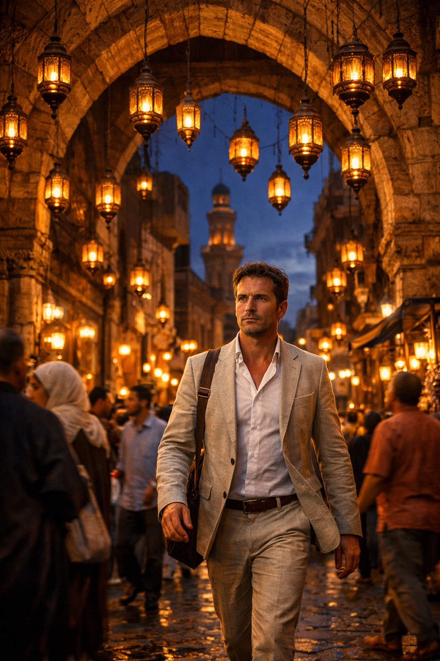 Business traveler walking through lantern-lit Al-Muizz Street in historic Cairo at night.