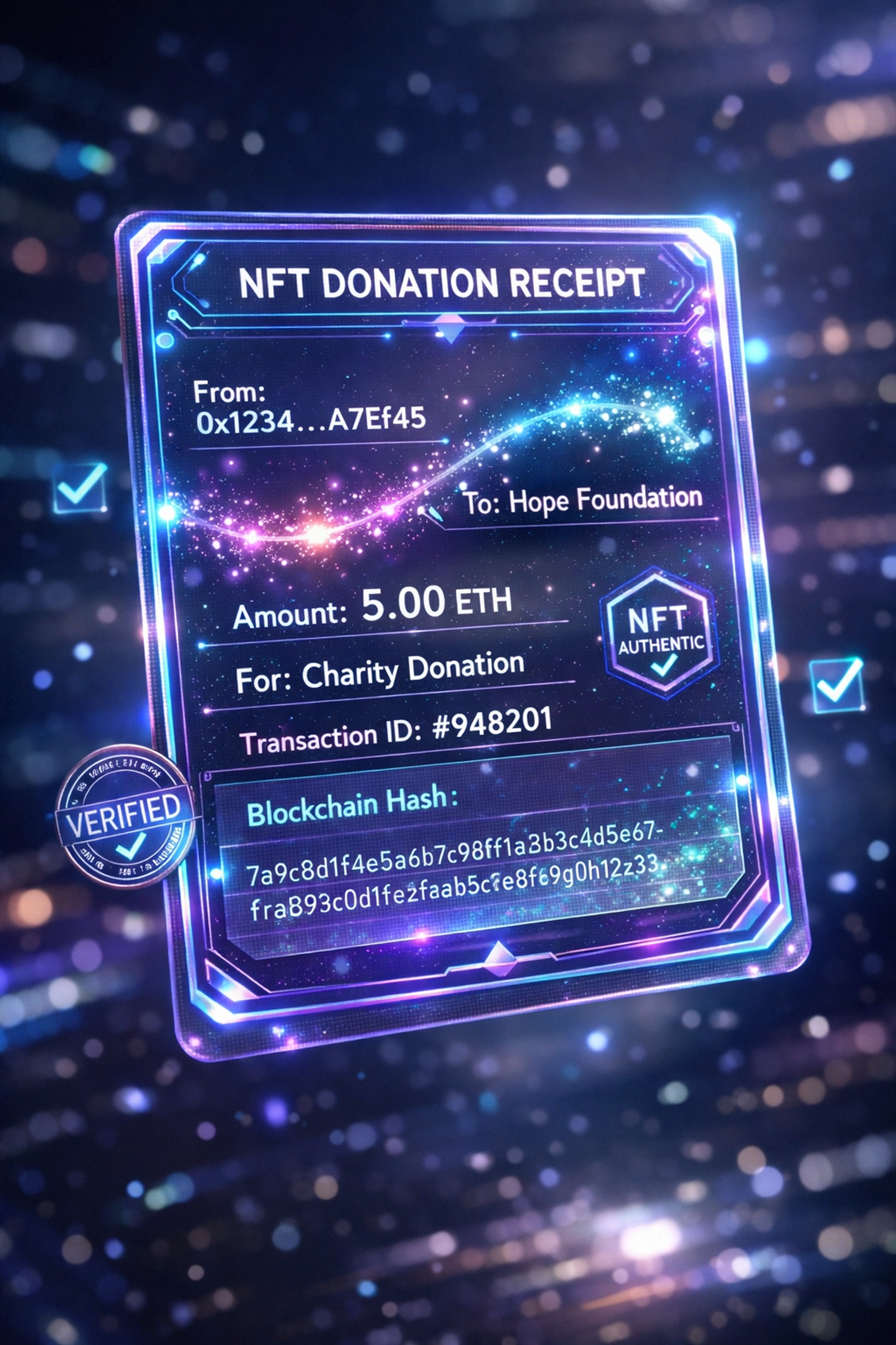 NFT receipt showing transparent blockchain verification and charity allocation tracking