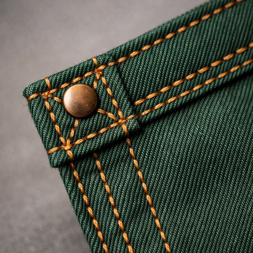 Macro shot of reinforced double-stitching on a durable forest green professional apron.