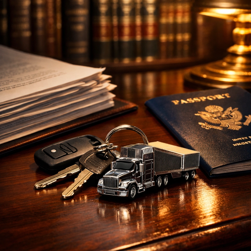 Commercial truck keys and legal paperwork managed by a Greene County attorney regarding Indiana CDL laws.