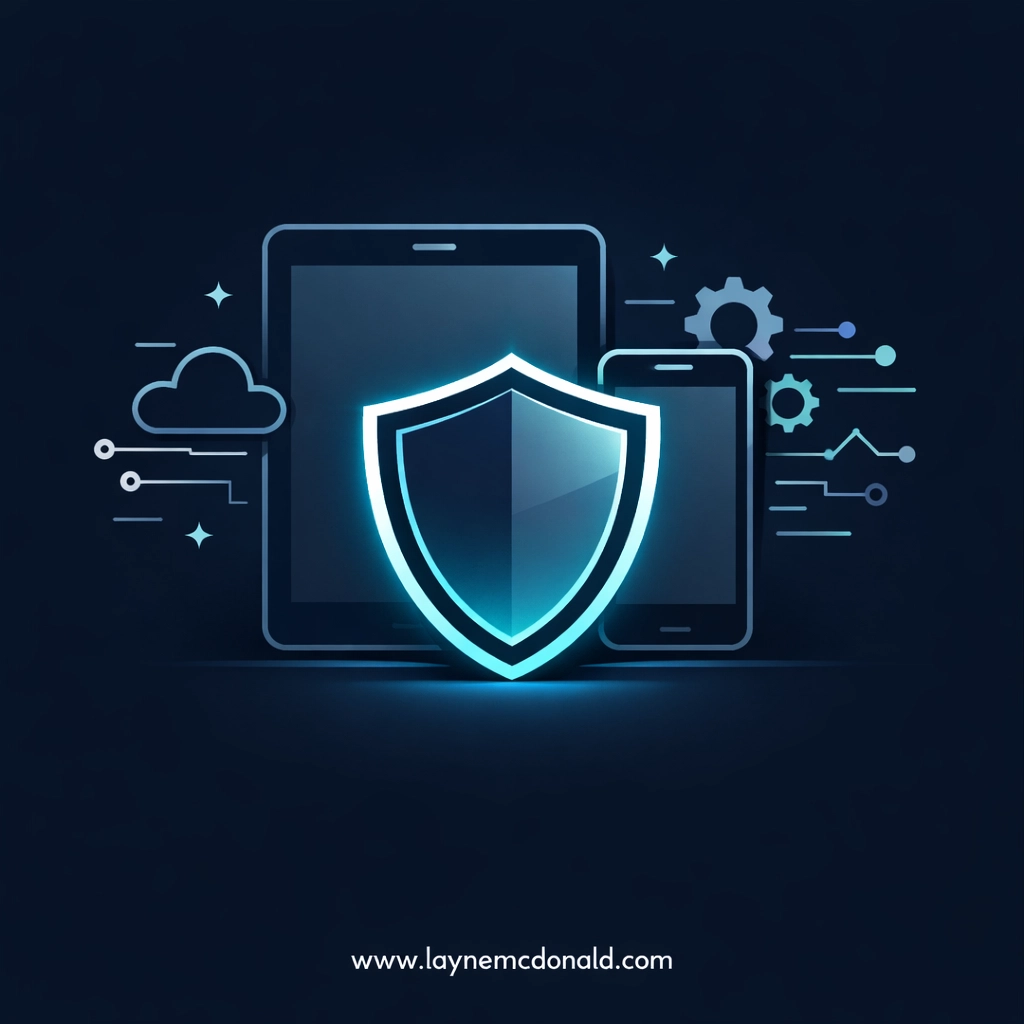 A protective shield icon over mobile devices representing digital safety for Christian families.