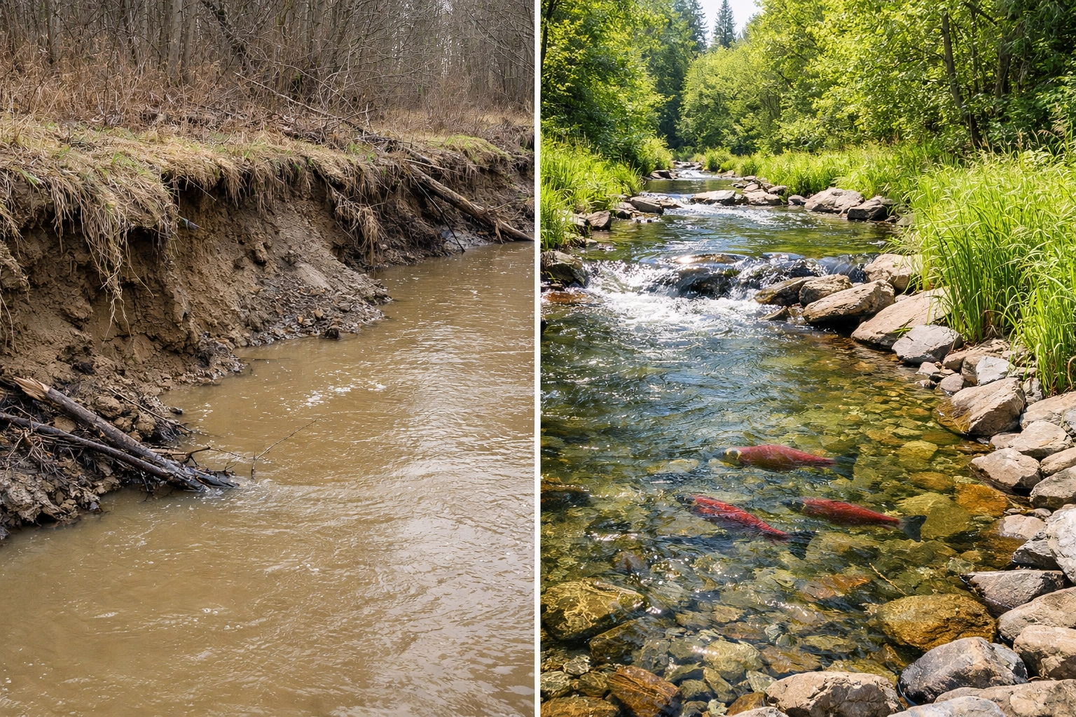 Before and after stream habitat restoration showing conservation impact with salmon