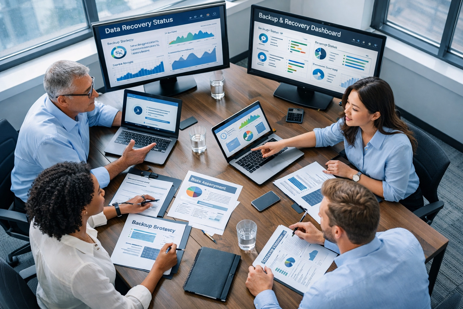 Business team collaborating on backup strategy and data recovery planning in modern office