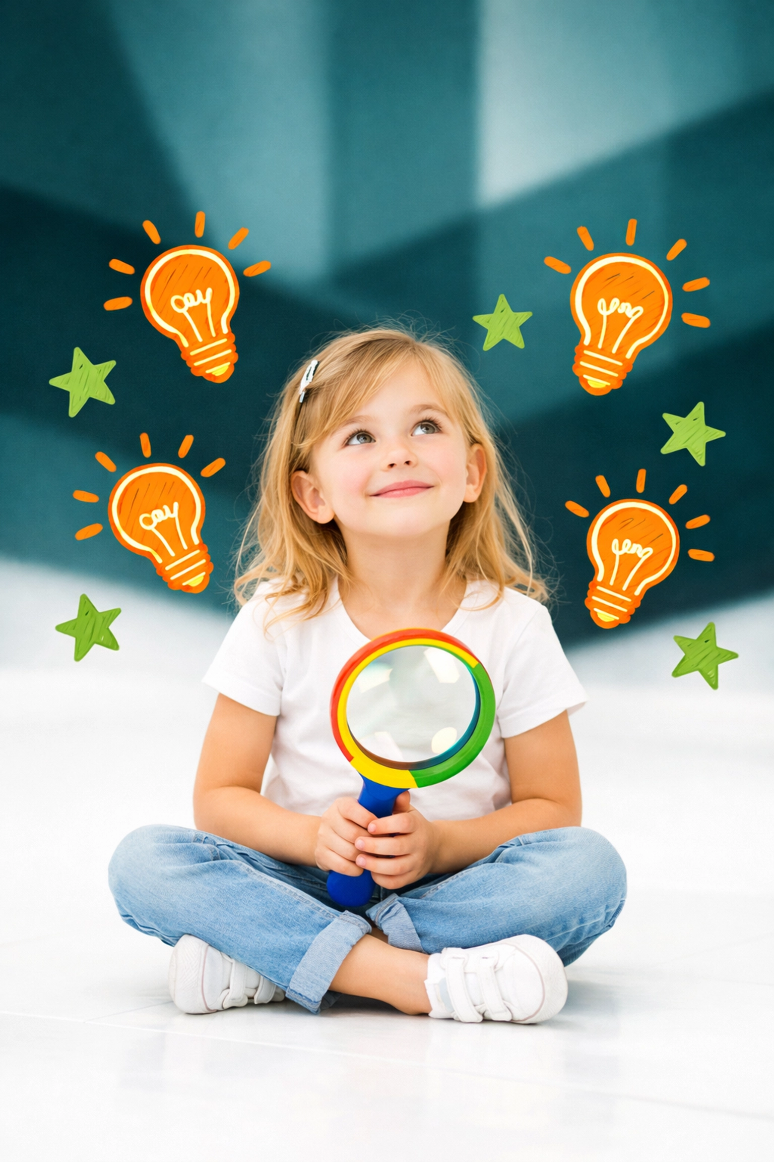 Young girl exploring with a magnifying glass, symbolizing discovery in a life skills curriculum for kids.