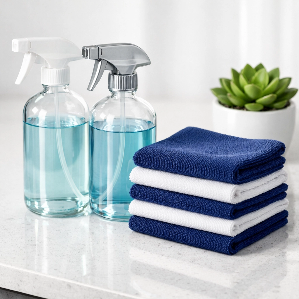 Eco-friendly cleaning supplies and microfiber cloths used for professional deep cleaning in Lincoln homes.