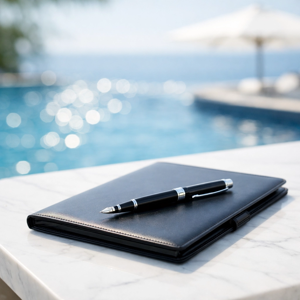 Professional portfolio and pen poolside symbolizing financial transparency to sell my pool route.