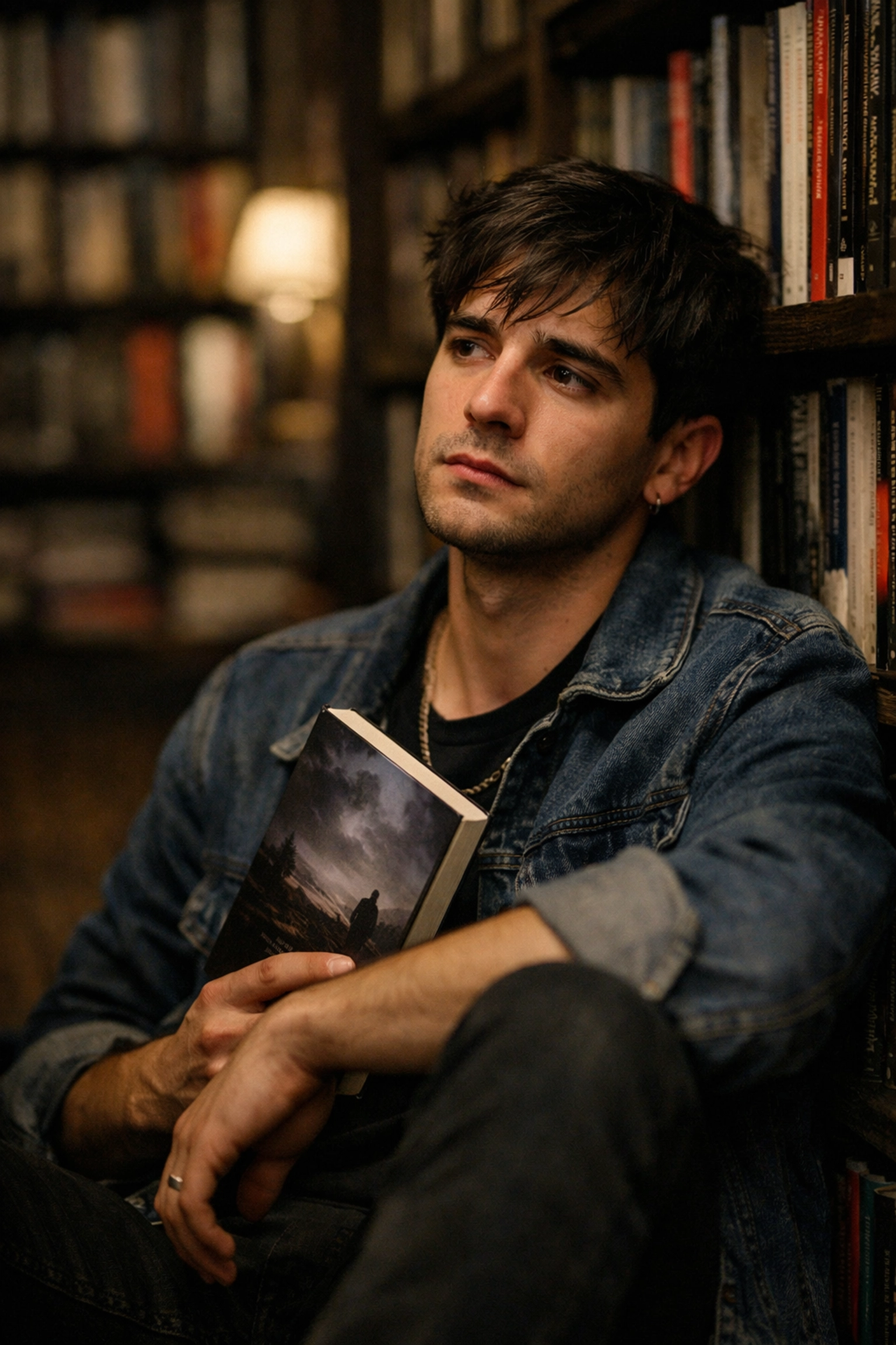 A young gay man in a bookstore holding a book, reflecting on the common trauma narratives in LGBTQ+ fiction.