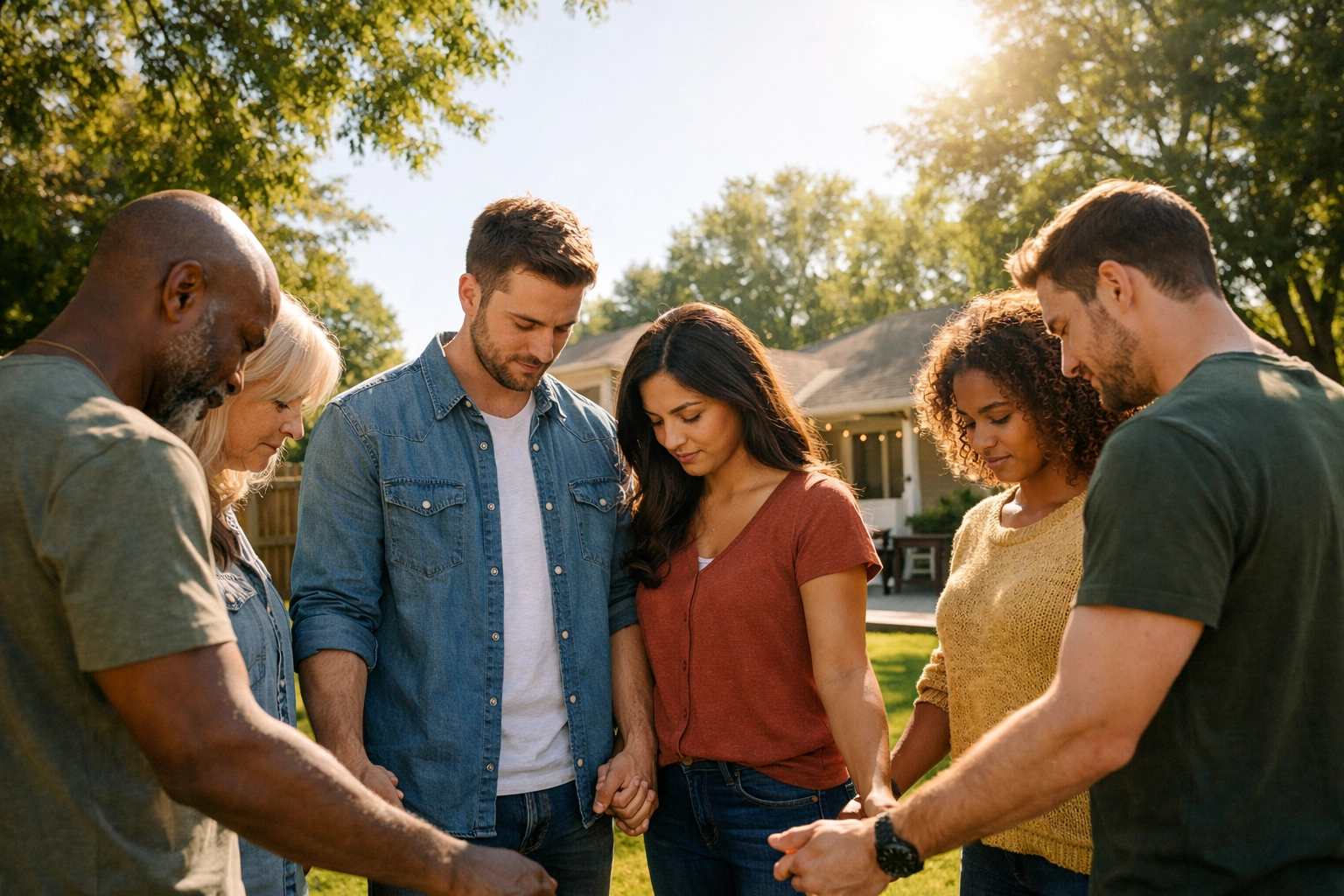Diverse group praying in a backyard for emotional support at Boundless Online Church.