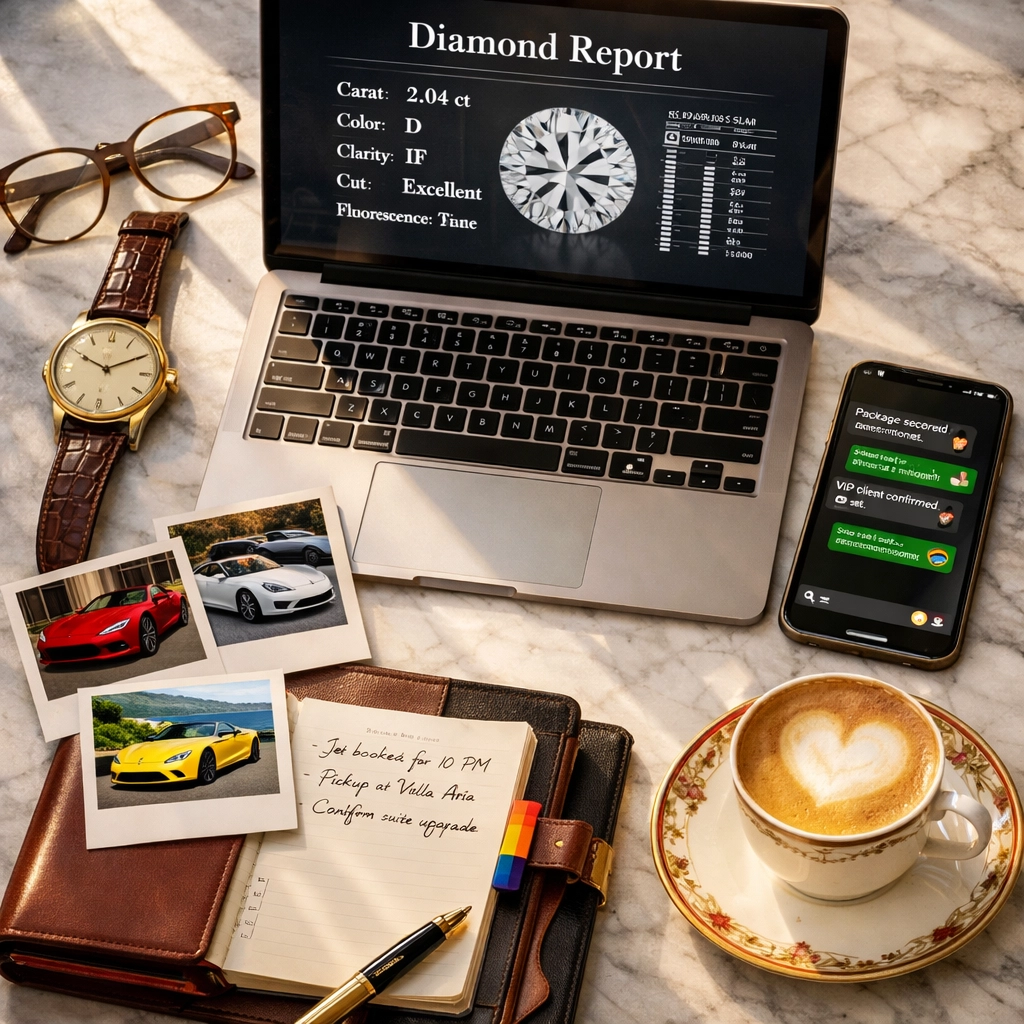 High-end concierge desk with diamond specs and luxury supercar coordination materials