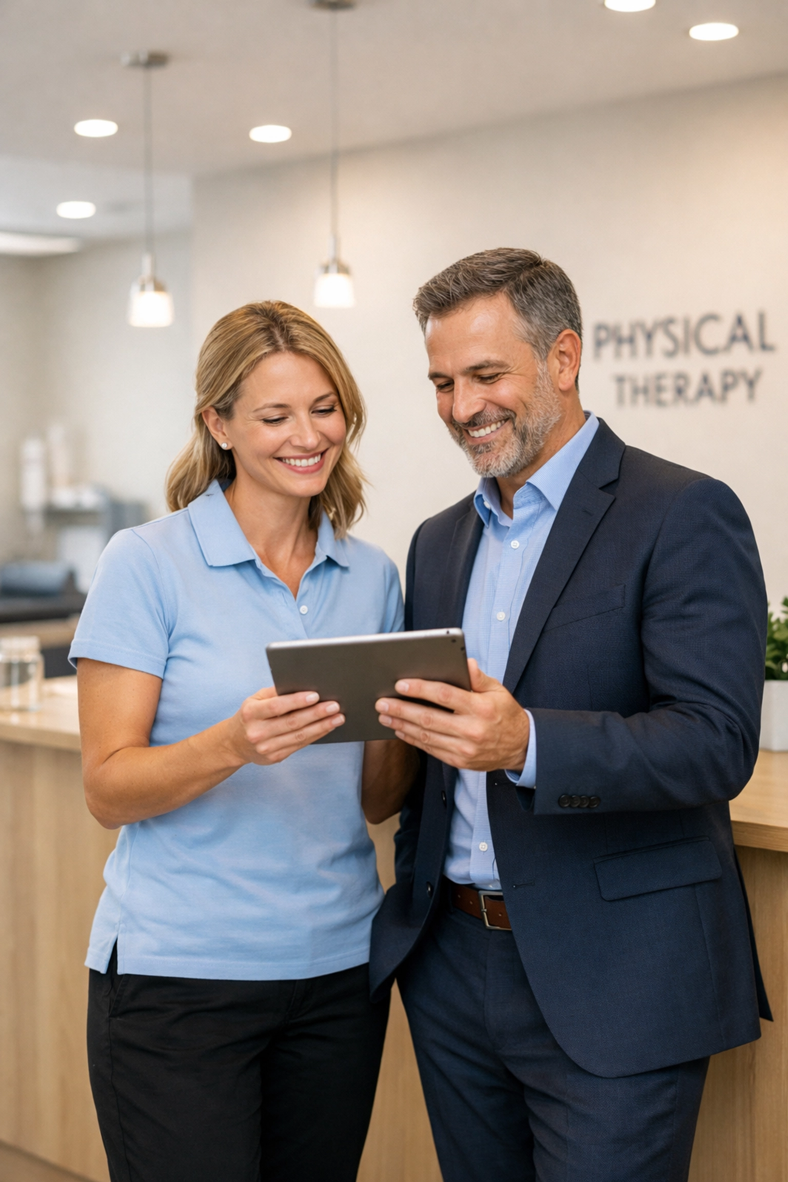 Physical therapy clinic owner and consultant discussing a revenue cycle health audit at the front desk.