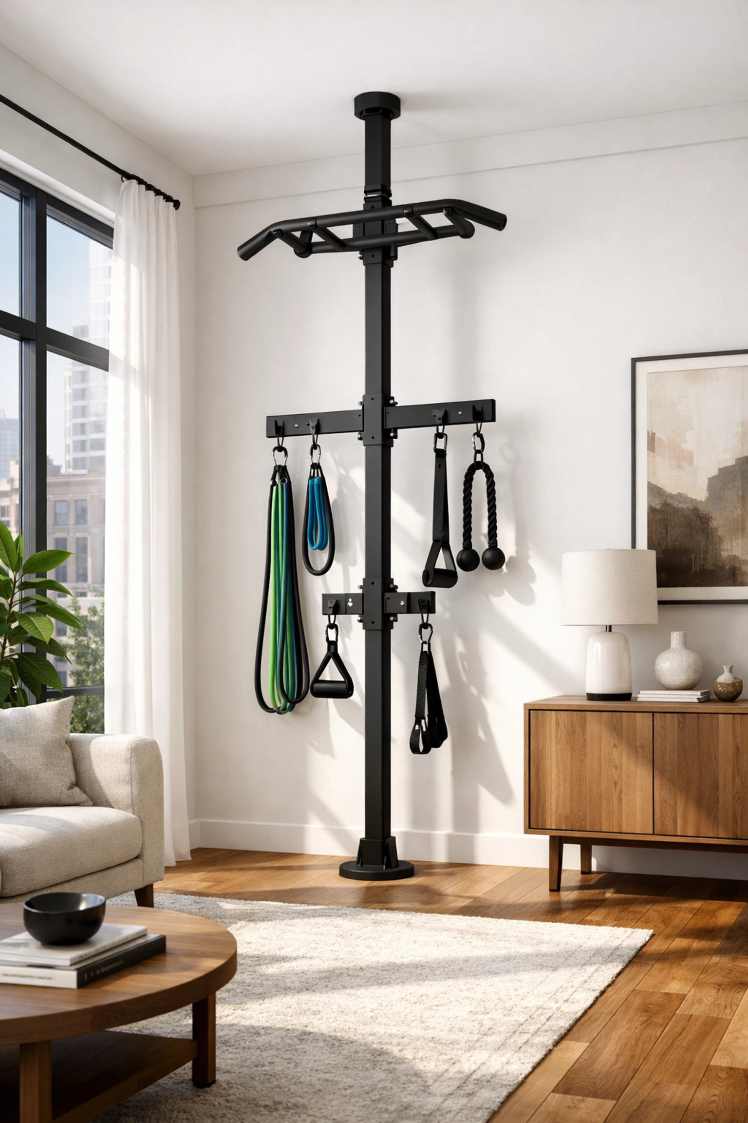 Versatile floor to ceiling gym system in a modern home, providing a high-performance no wall damage workout system.