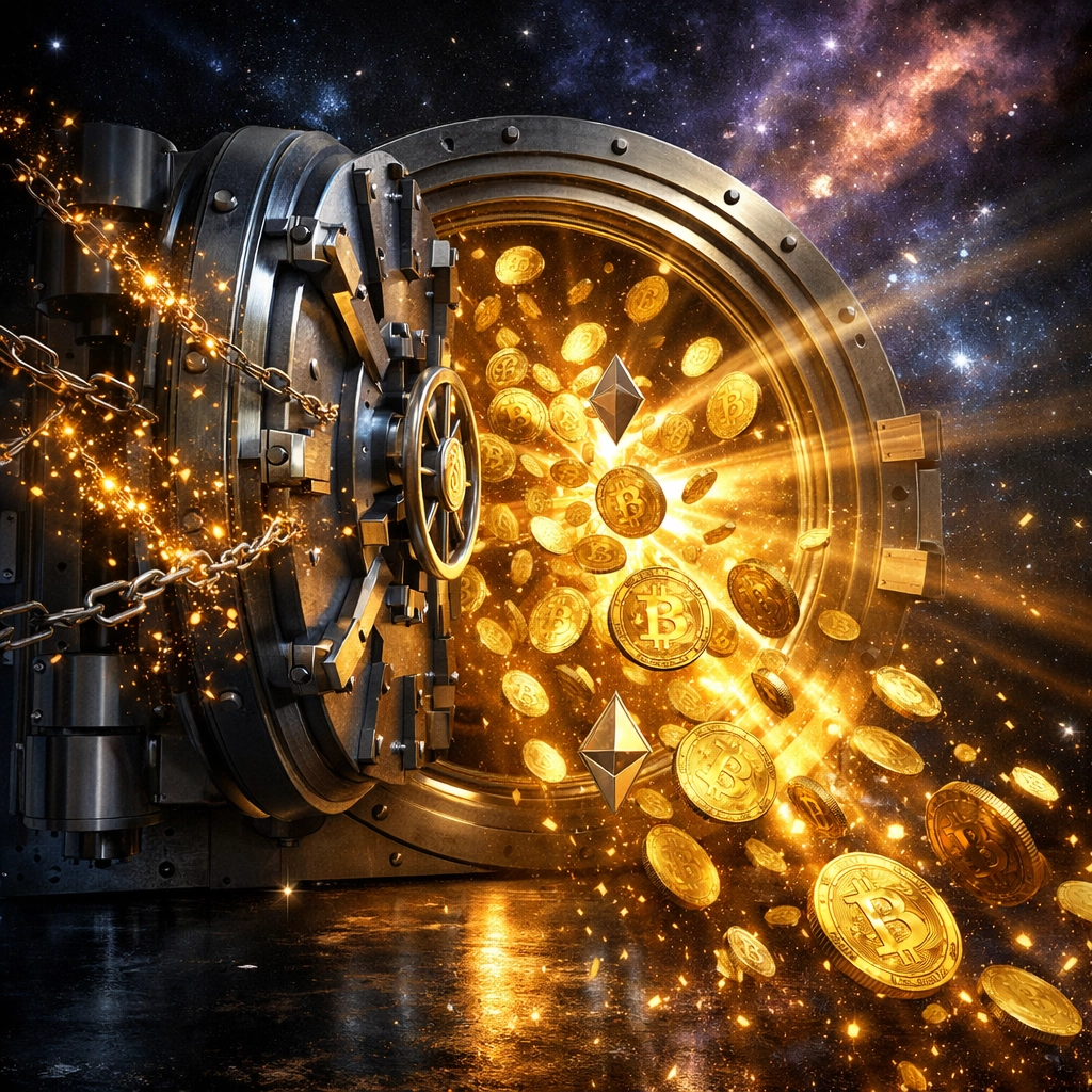 Open vault releasing crypto coins representing self-custody merchant accounts and financial sovereignty