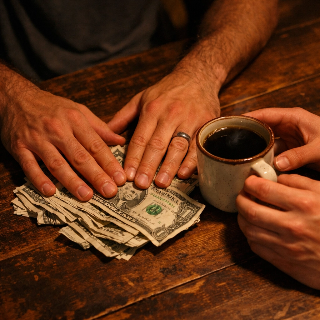 Masculine hands counting cash tips next to a coffee cup, highlighting the financial reality in gay love stories.