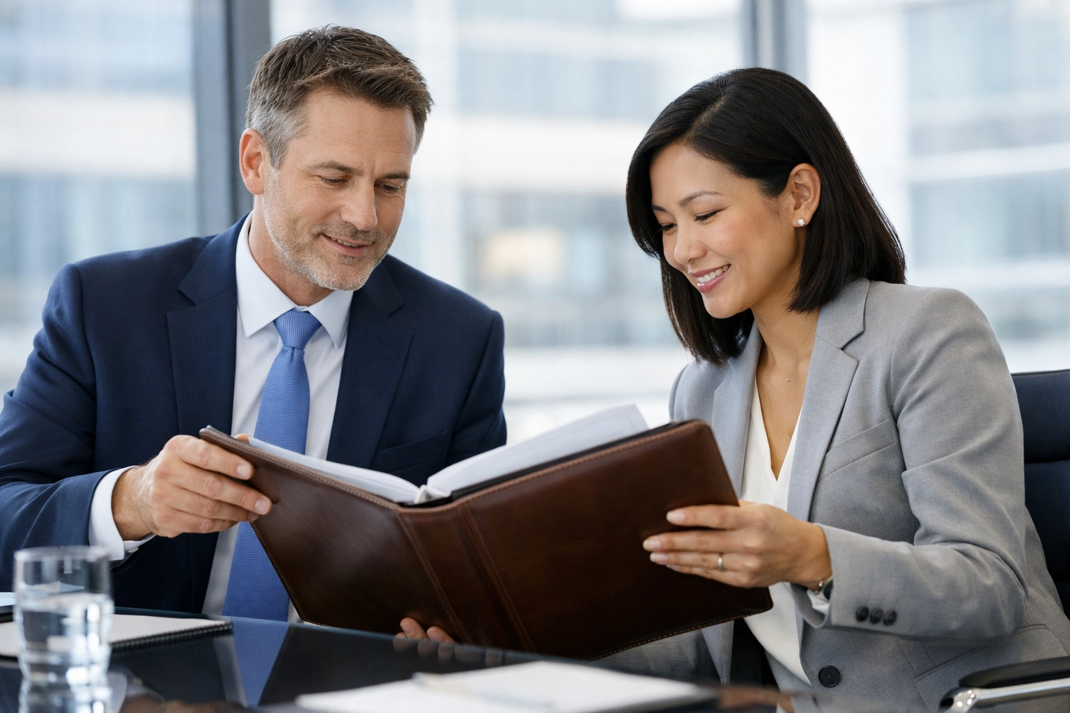 Business consultants discussing OBBBA and immigration compliance updates in a modern office environment.