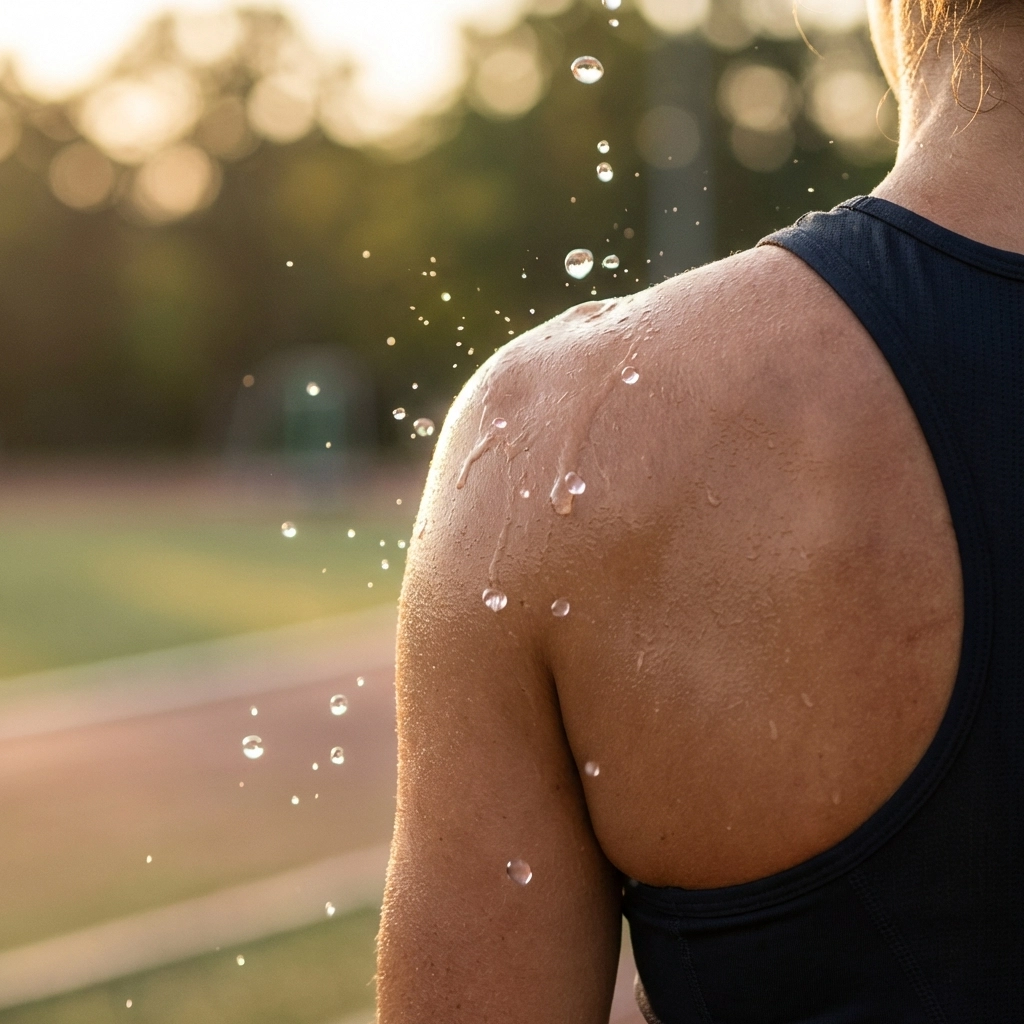 Water splashing on clean skin, illustrating non-toxic skincare for athletes and pure hydration.