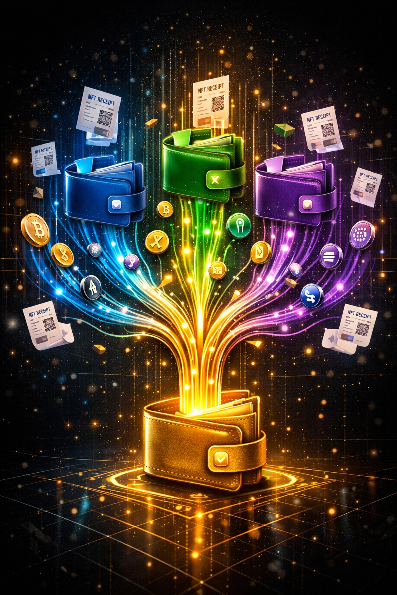 Master wallet branching into color-coded sub-wallets for inventory, operations, and sales tracking