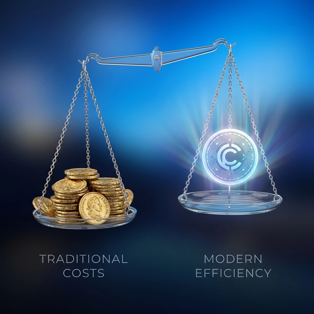 Glass scales balancing gold coins against a glowing crypto token, representing lower costs of modern cryptocurrency payments.