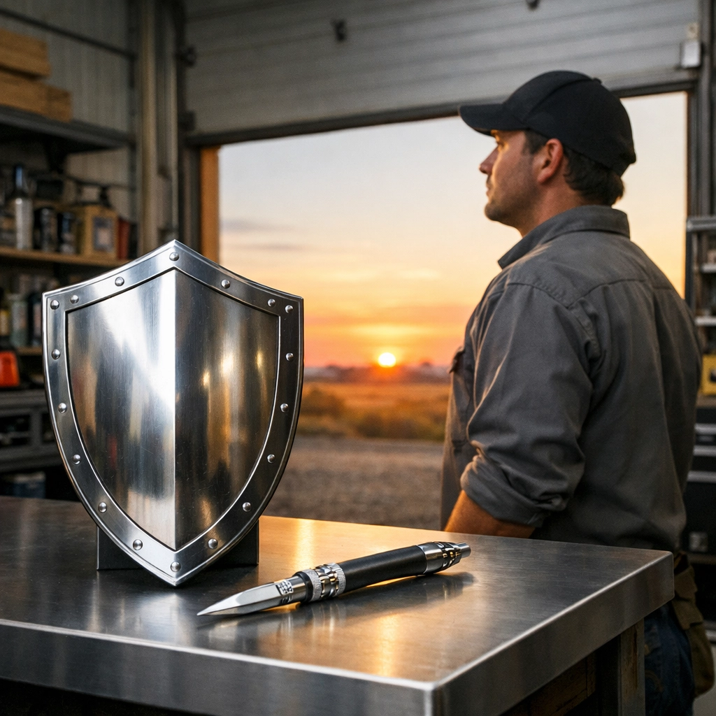 A tradesperson looking toward a dawn horizon with a shield representing financial peace of mind.