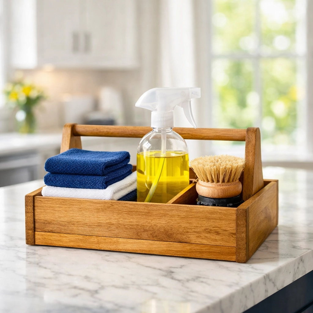 Professional spring cleaning supplies and microfiber cloths on a bright Fitchburg kitchen island.