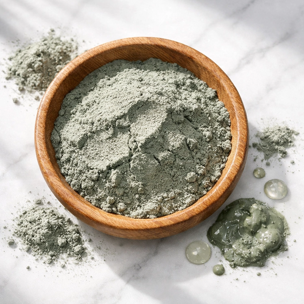Bentonite clay powder in wooden bowl with water showing natural healing properties