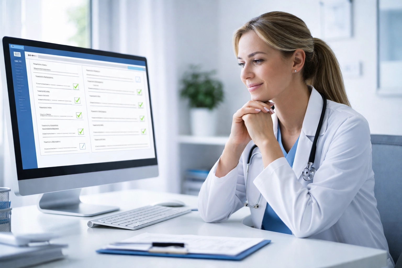 Clinician reviewing Medicare compliant digital documentation at desk, ensuring accurate and organized patient records.